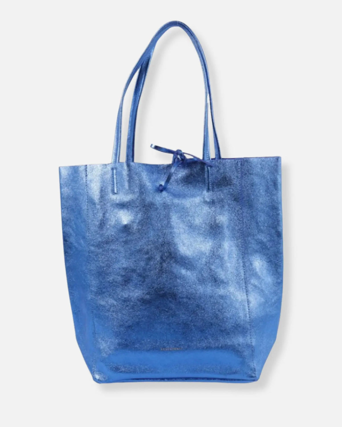 Maison Fanli metallic blue Italian calfskin leather tote bag with long shoulder straps and tie-top closure, front view on a white background.