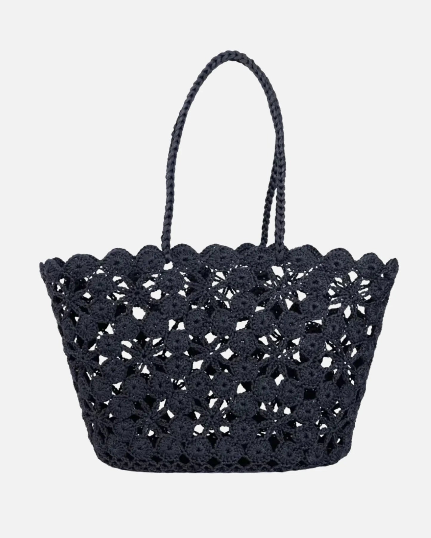 French-Style Black Floral Crochet Basket Beach Bag on a white background to showcase the crochet pattern. Tres chic!