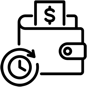 Icon of a wallet with a clock, dollar sign, and key, symbolizing time, money, and security.