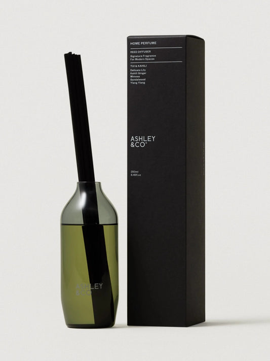 Ashley & Co Tui & Kahili Home Perfume Reed Diffuser with it's black packaging on a white background
