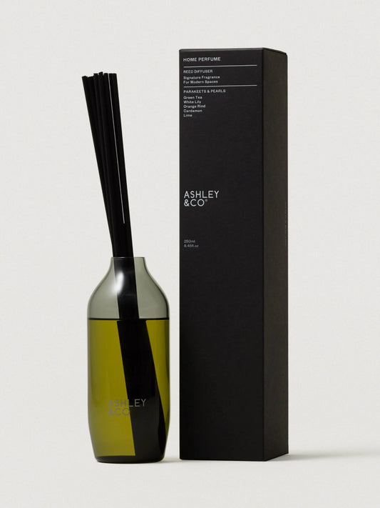Ashley & Co Parakeets & Pearls Home Perfume Reed Diffuser with its sleep black packaging box on a white background