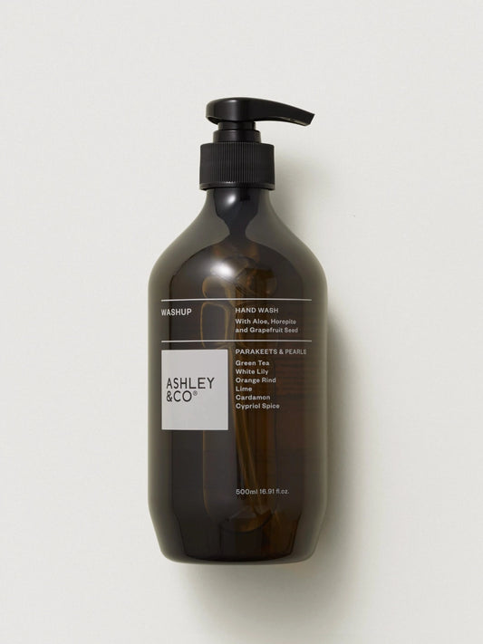 Ashley and Co Washup Hand Soap Parakeets Pearls bottle on a white background. 