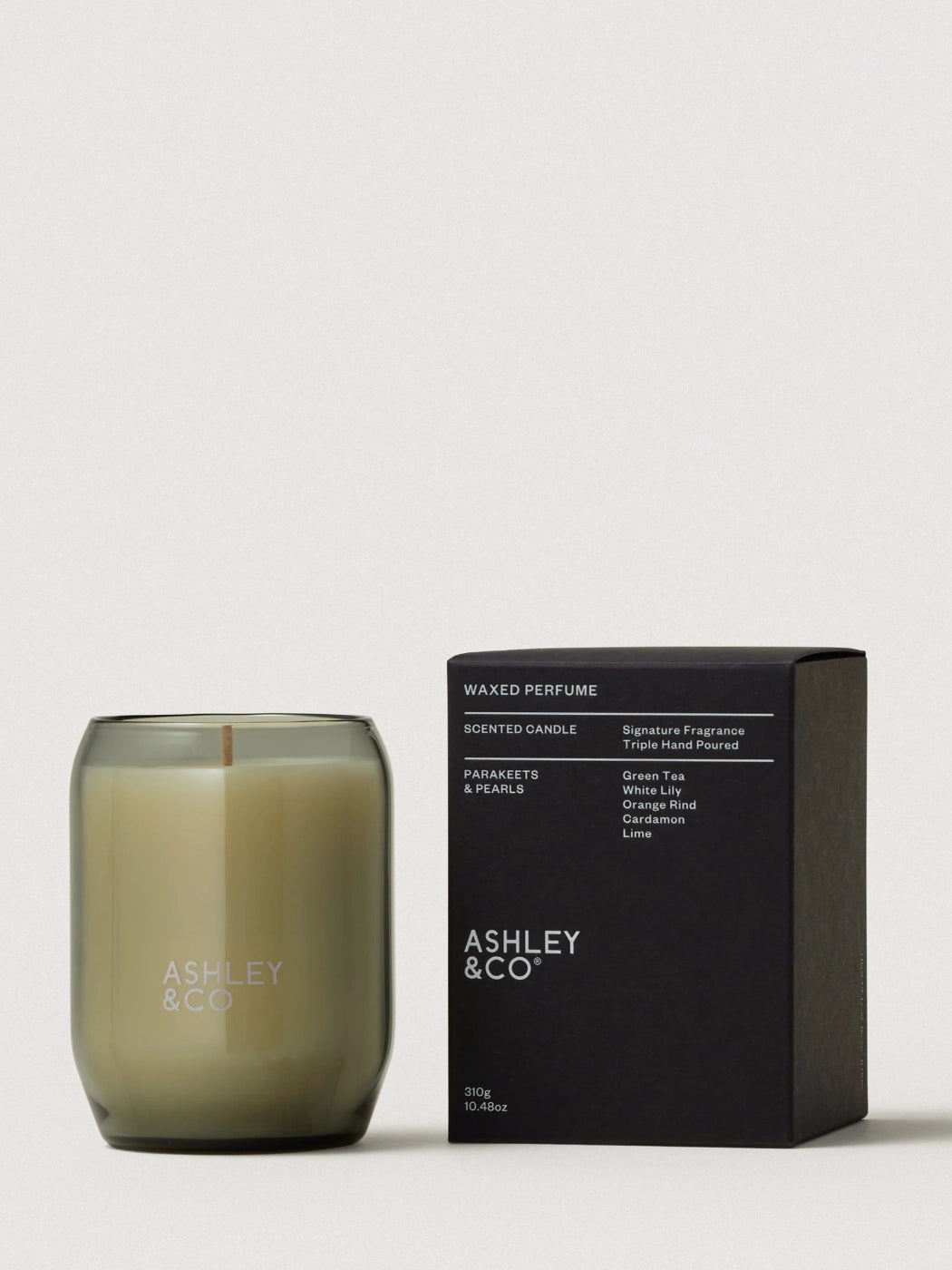 Ashley & Co Parakeets & Pearls Waxed Perfume Candle with it's box alongside it on a white background