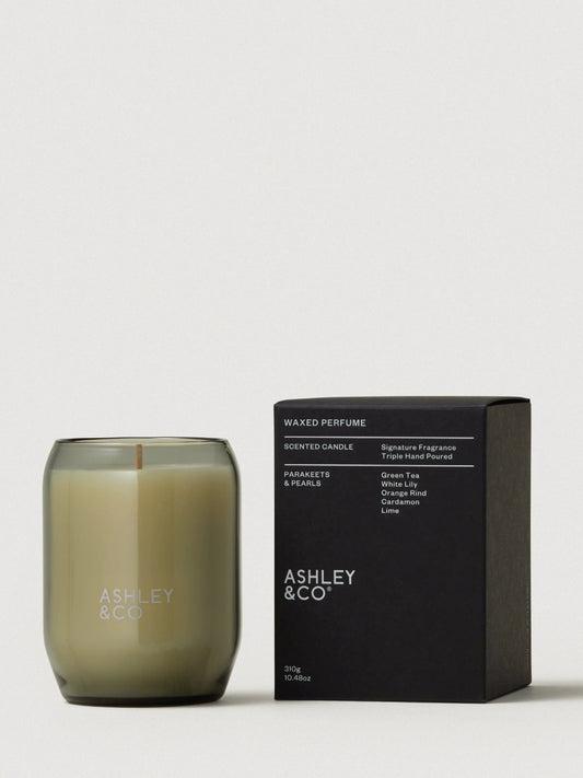 Ashley & Co Parakeets & Pearls Waxed Perfume Candle with it's box alongside it on a white background