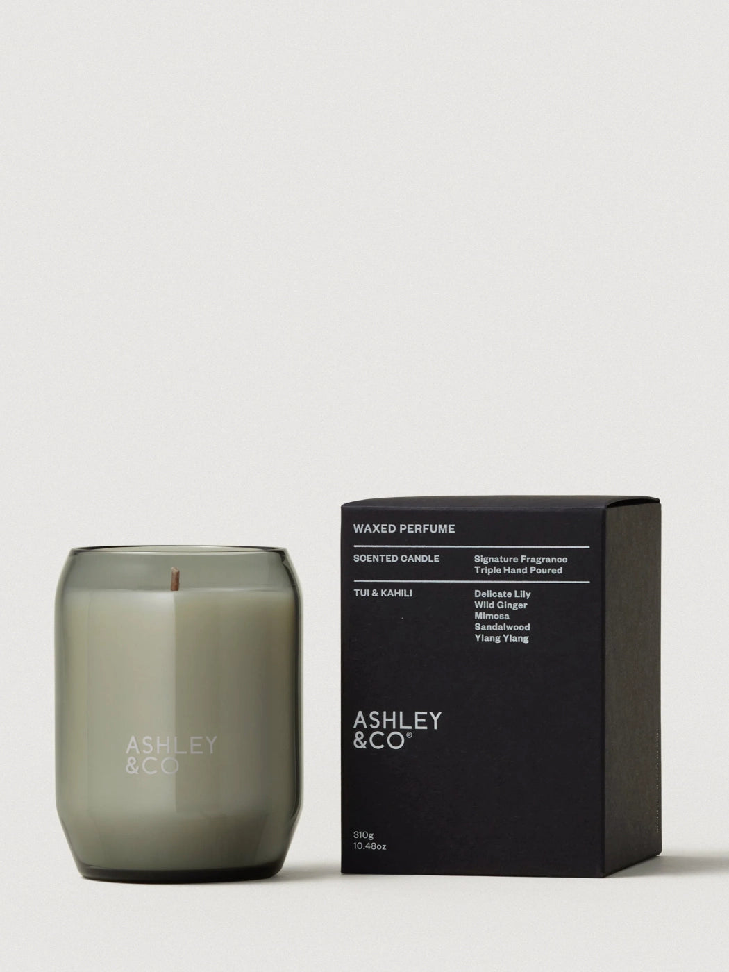 Ashley and Co Waxed Perfume Candle in the Tui and Kahili scent and its presentation box on a white background