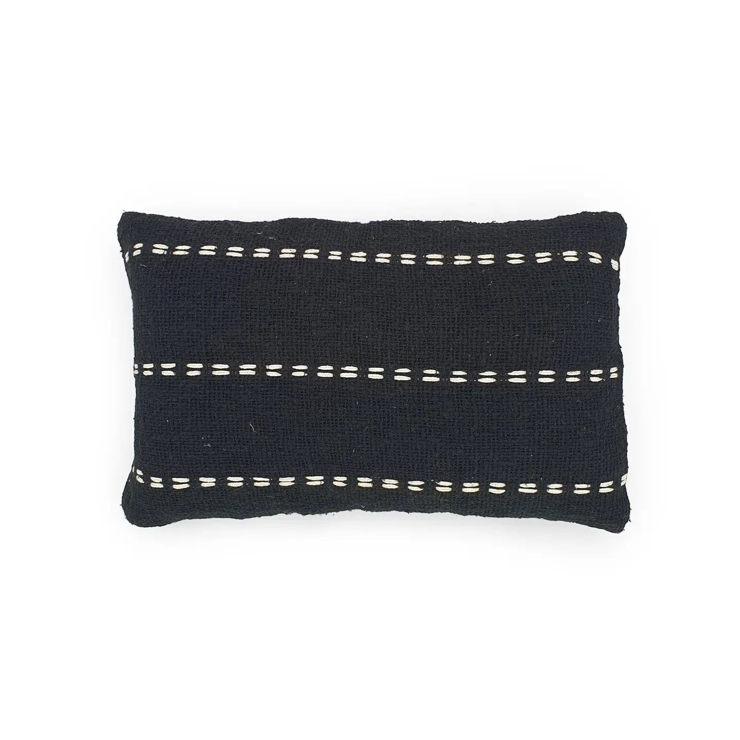 A modern black cushion with white stripe stitch, 50 x 30 cm in size, with a textured pattern and white stitching detail.