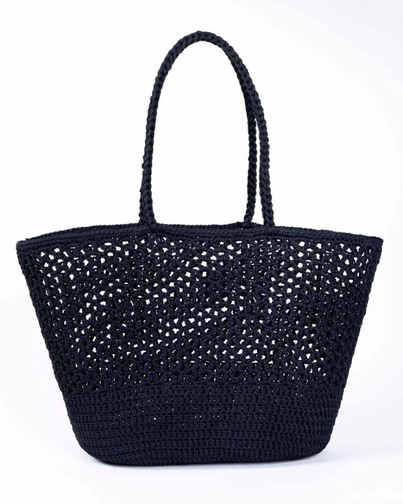 French-Style Black Crochet Basket Beach Bag on a white background to showcase the crochet pattern. Tres chic!