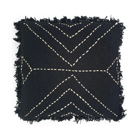 Black hand-stitched cushion with white fringe and feather insert, front view.