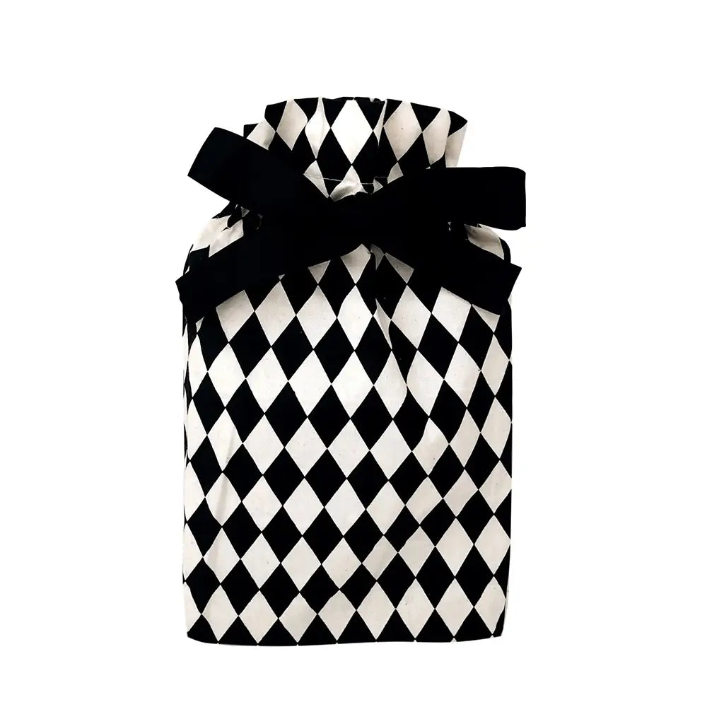 Black and white diamond patterned reusable fabric gift bag with ribbon