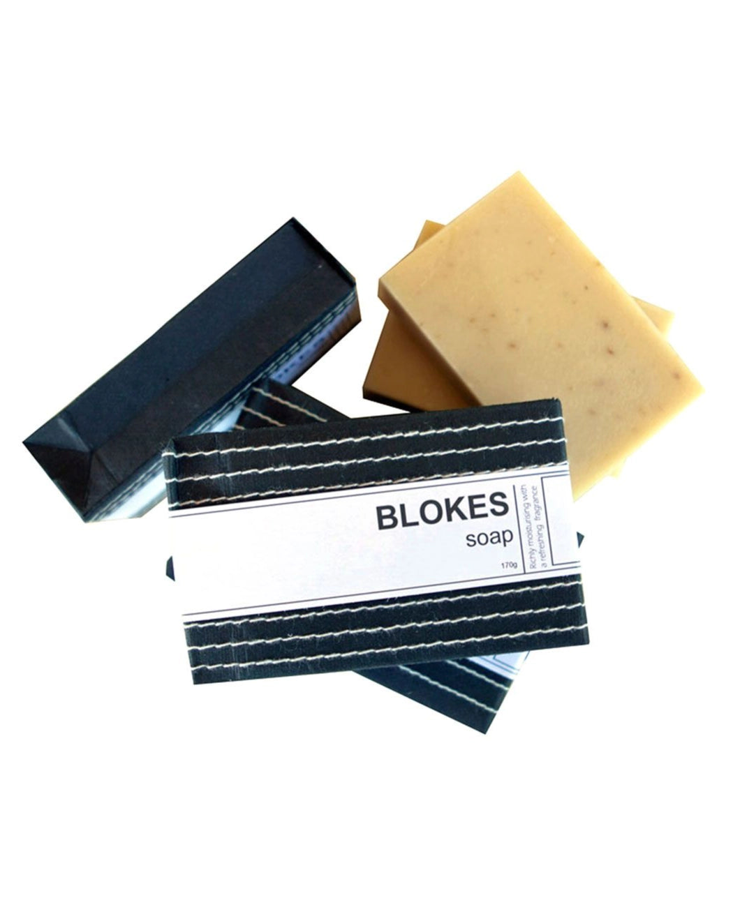 Blokes Soap by Thurlby pictured wrapped and unwrapped on a white background.