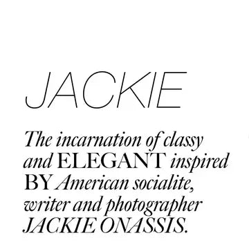 Text describing 'JACKIE' with a reference to American socialite, writer, and photographer Jackie "O" Onassis.
