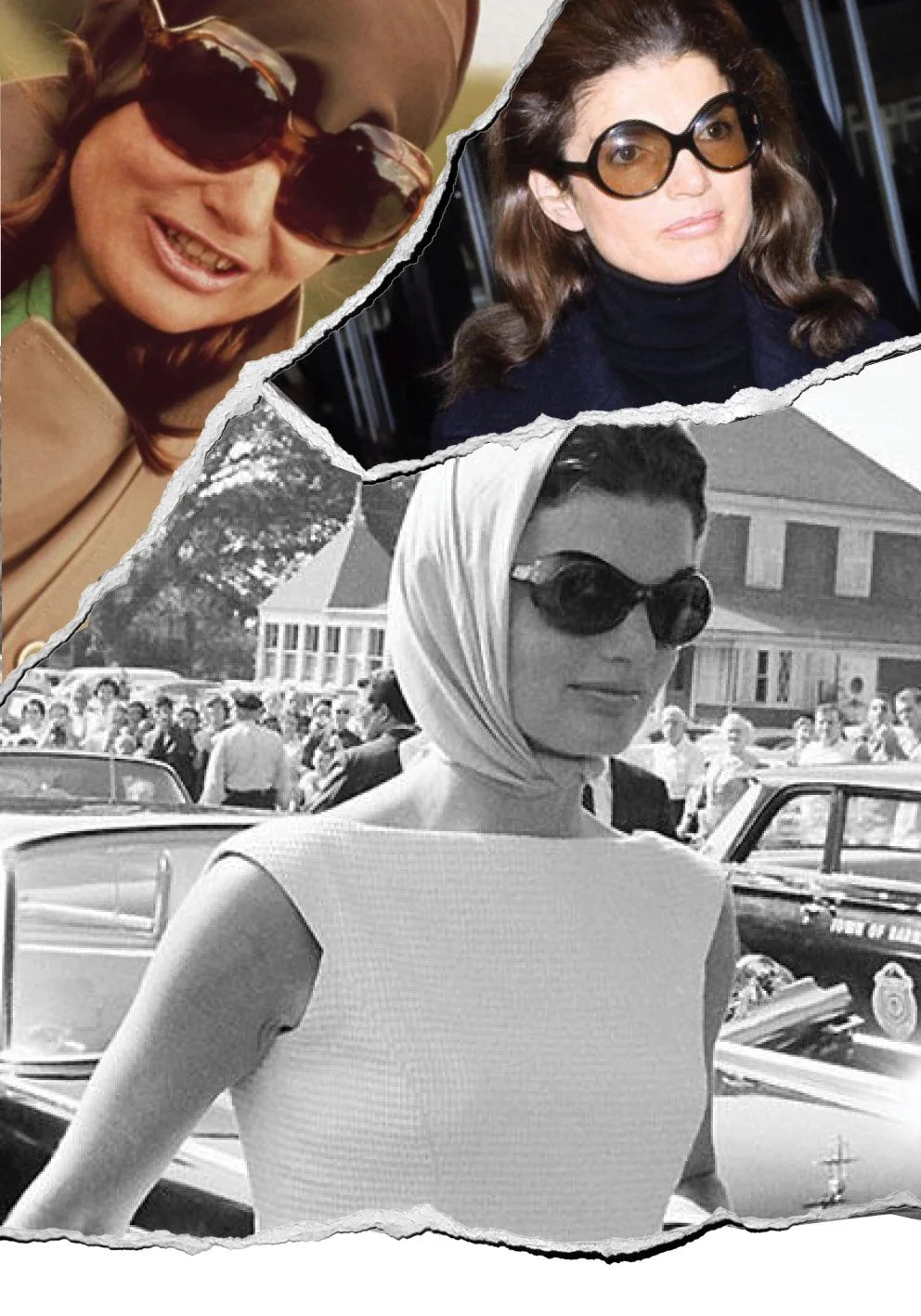 Collage of Jackie O pictures highlighting her iconic style.