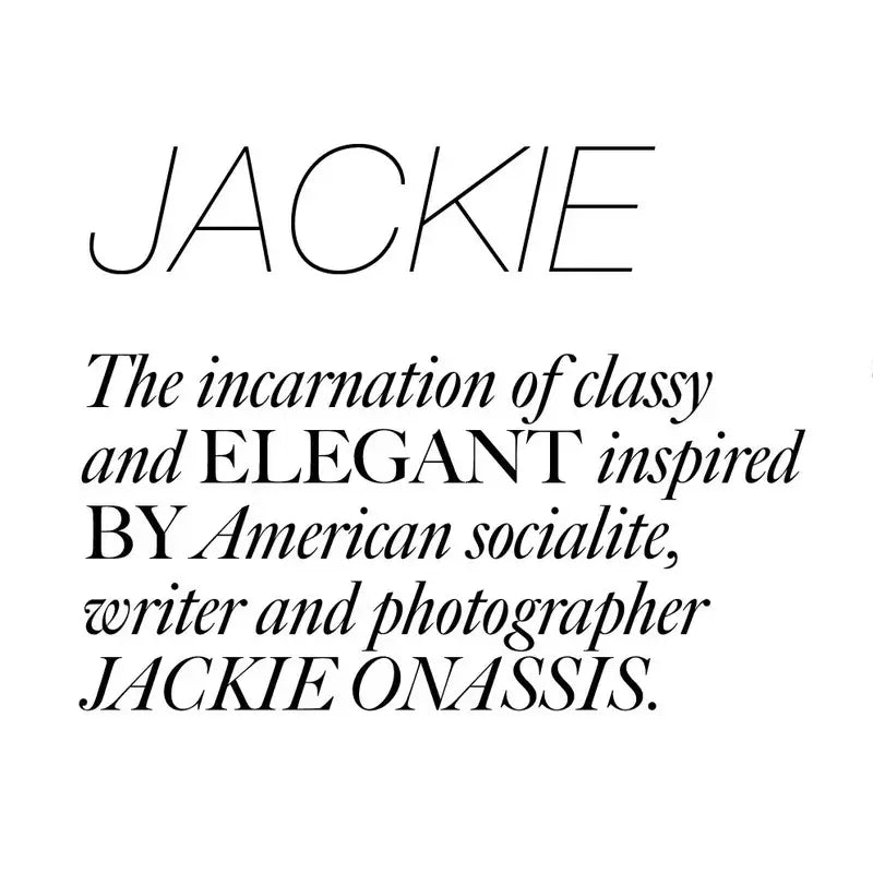 Text describing 'JACKIE' with a reference to American socialite, writer, and photographer Jackie "O" Onassis.