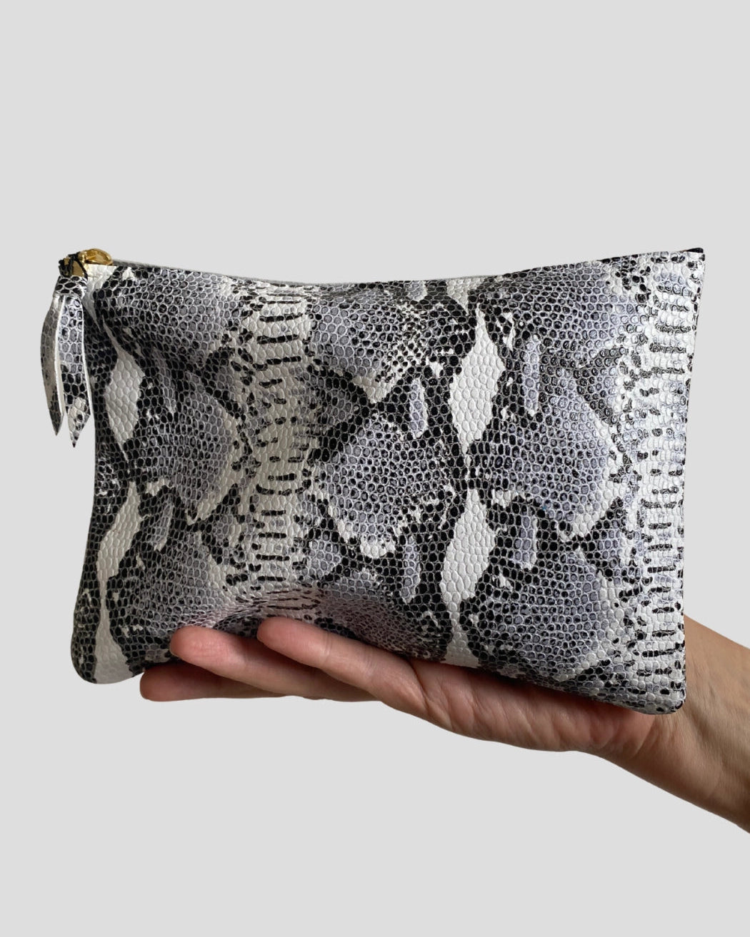 Hand holding a snakeskin patterned leather pouch against a plain background