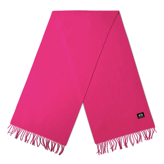 The Dark Hampton Cooper Wool Blanket Scarf laying flat on a white background. It's the most glorious pink!