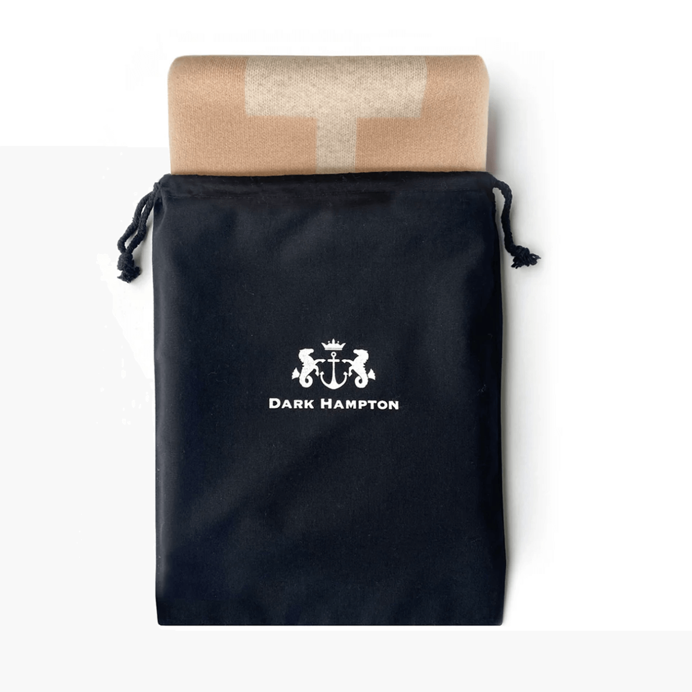 The Dark Hampton Thompson Wool Scarf as it arrives in its branded black dust bag.