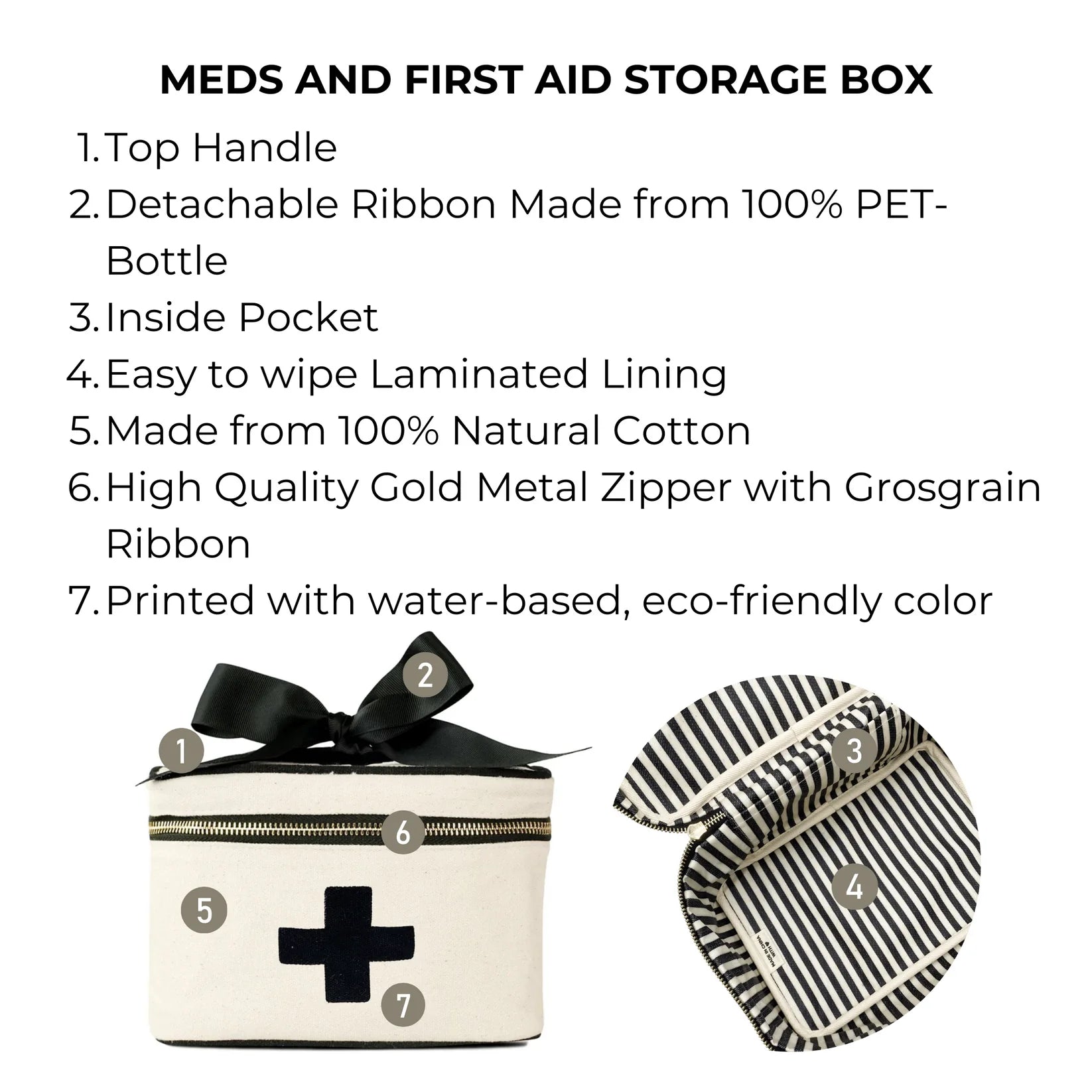 First Aid Storage Case with a list of features and a view of the black and white striped lining.
