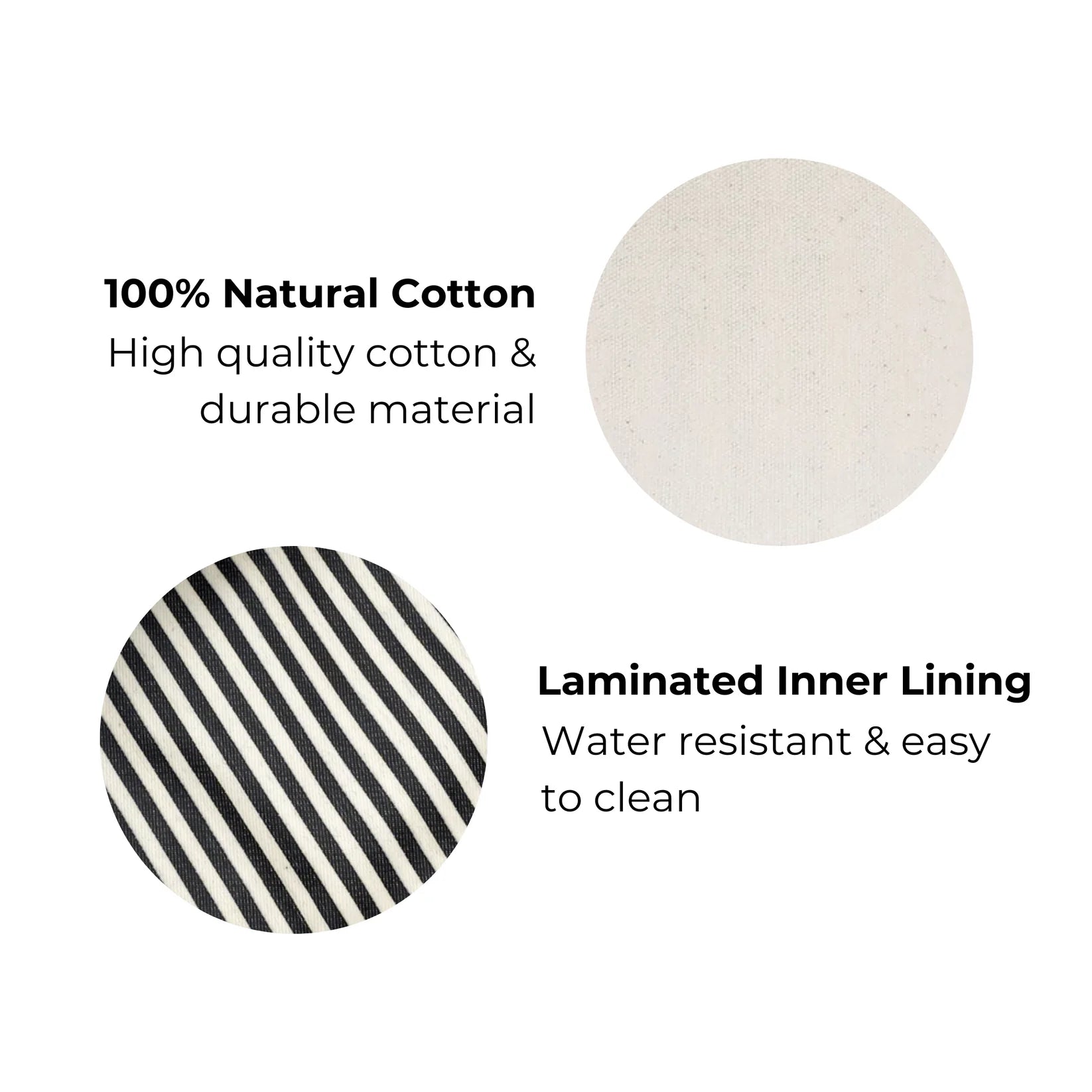 Swatches of fabric showing the 100% natural cotton durable exterior fabric and the waterproof easy to clean interior