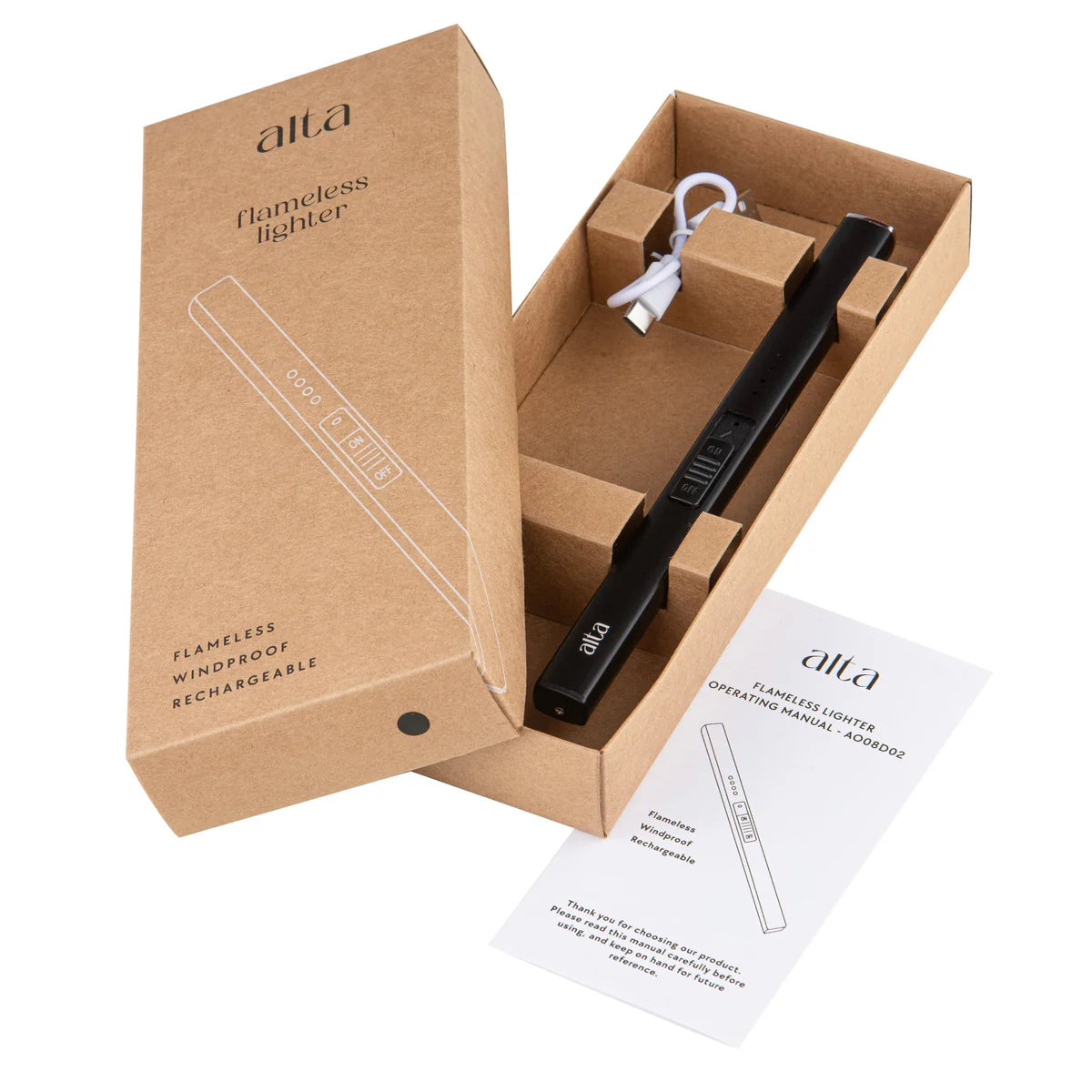 Alta Flameless Lighter Black in gift-ready packaging