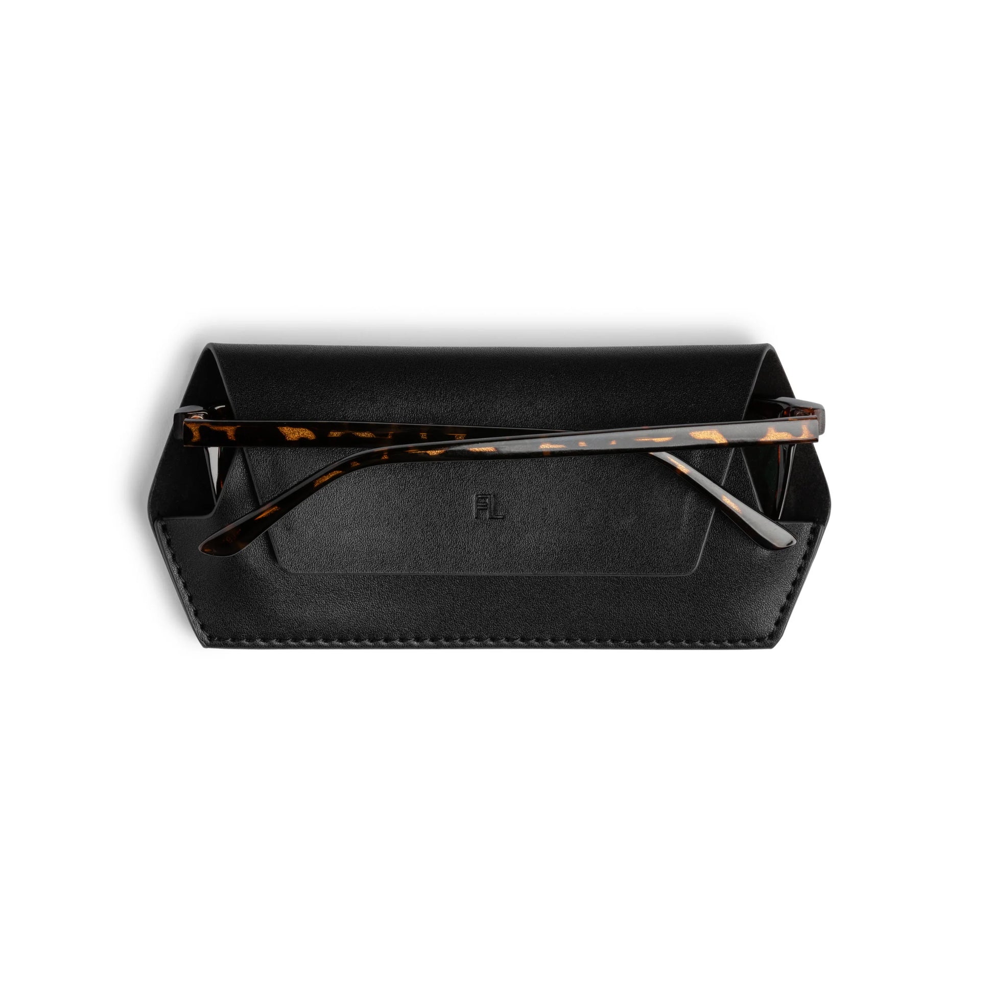 Fox and Leo glasses case - Black back view with glasses inside