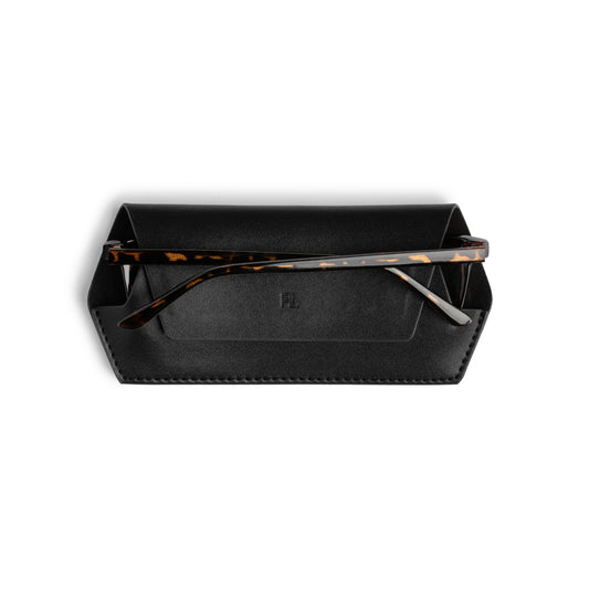 Fox and Leo glasses case - Black back view with glasses inside