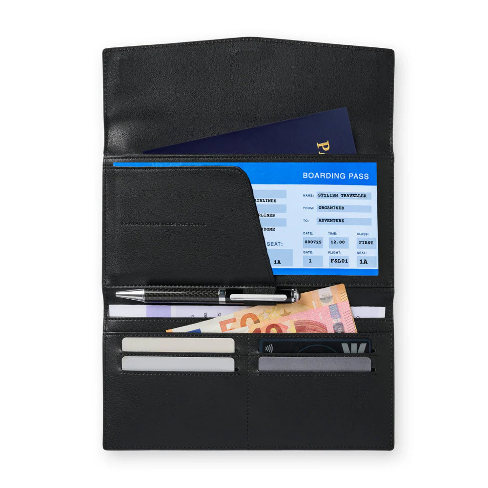 Inside of The Traveller travel wallet by Fox and Leo showing how much it can fit and still look good.