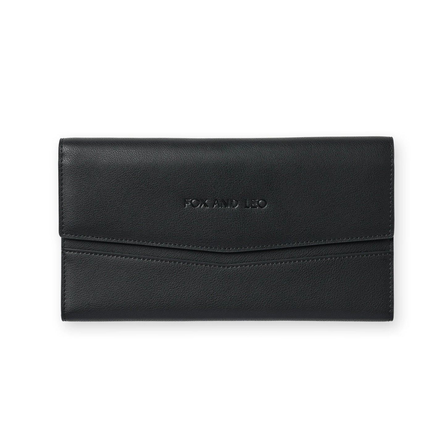 Fox and Leo The Traveller travel wallet in black, front view.