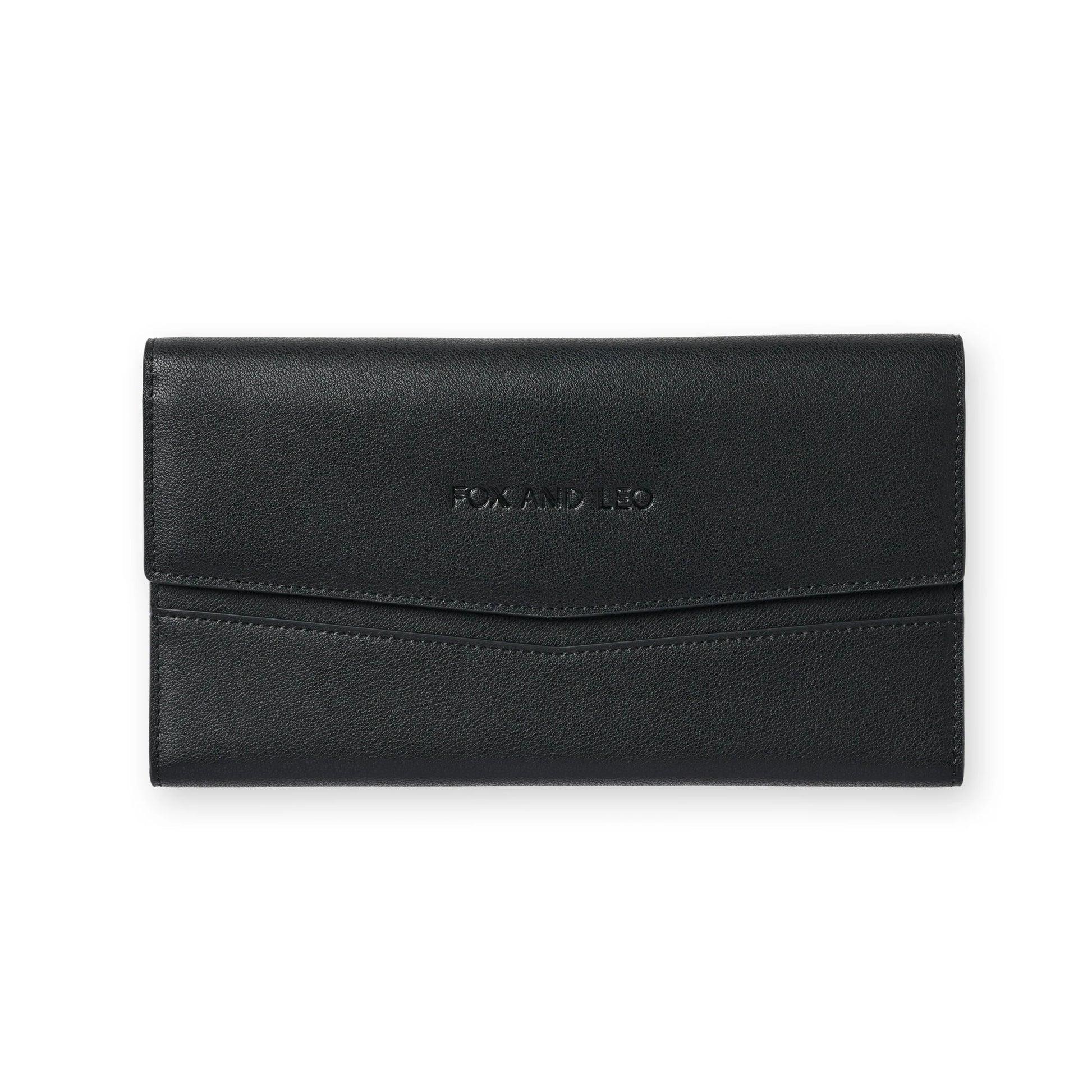 Fox and Leo The Traveller travel wallet in black, front view.