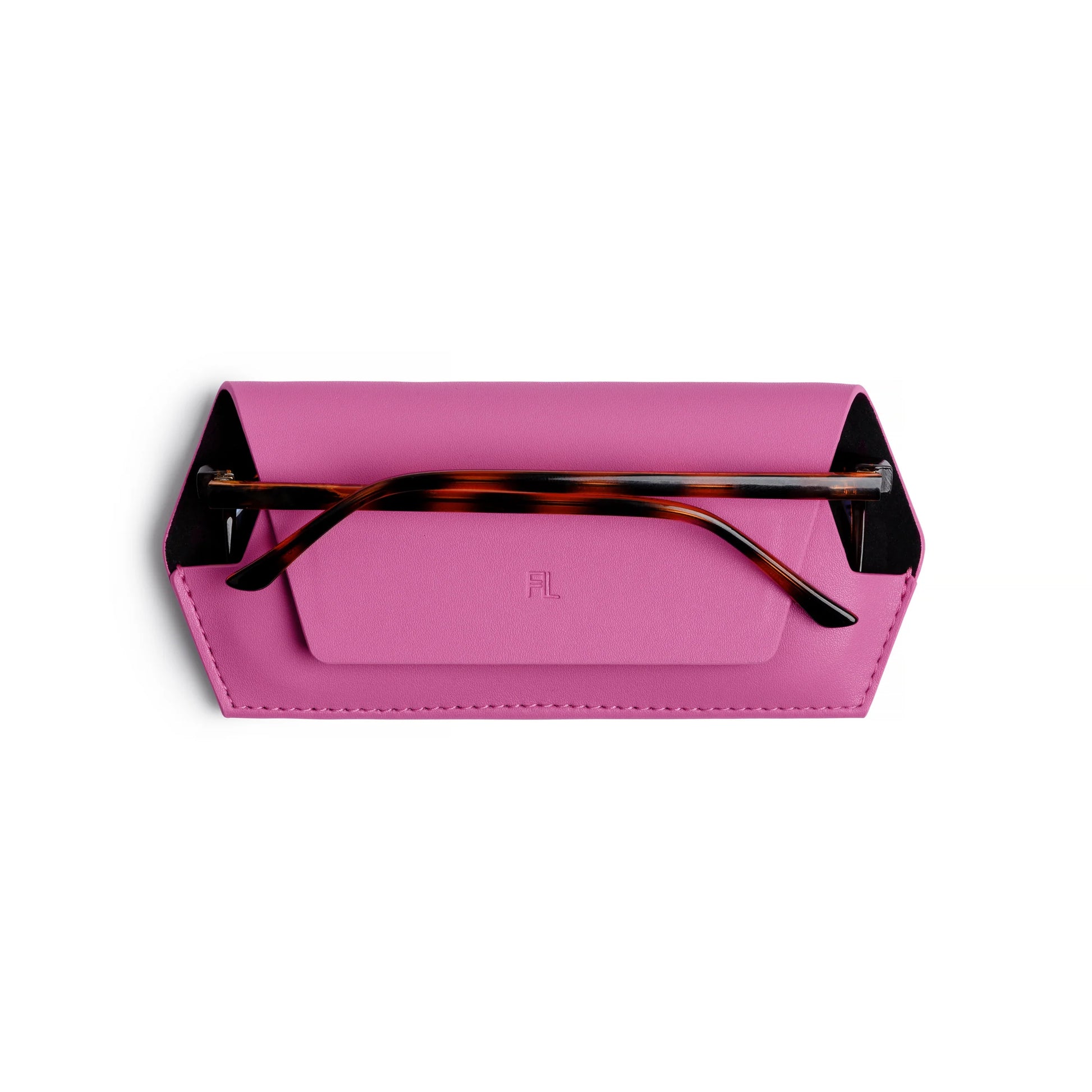 Pink leather glasses case with sleek design, perfect for protecting your eyewear.