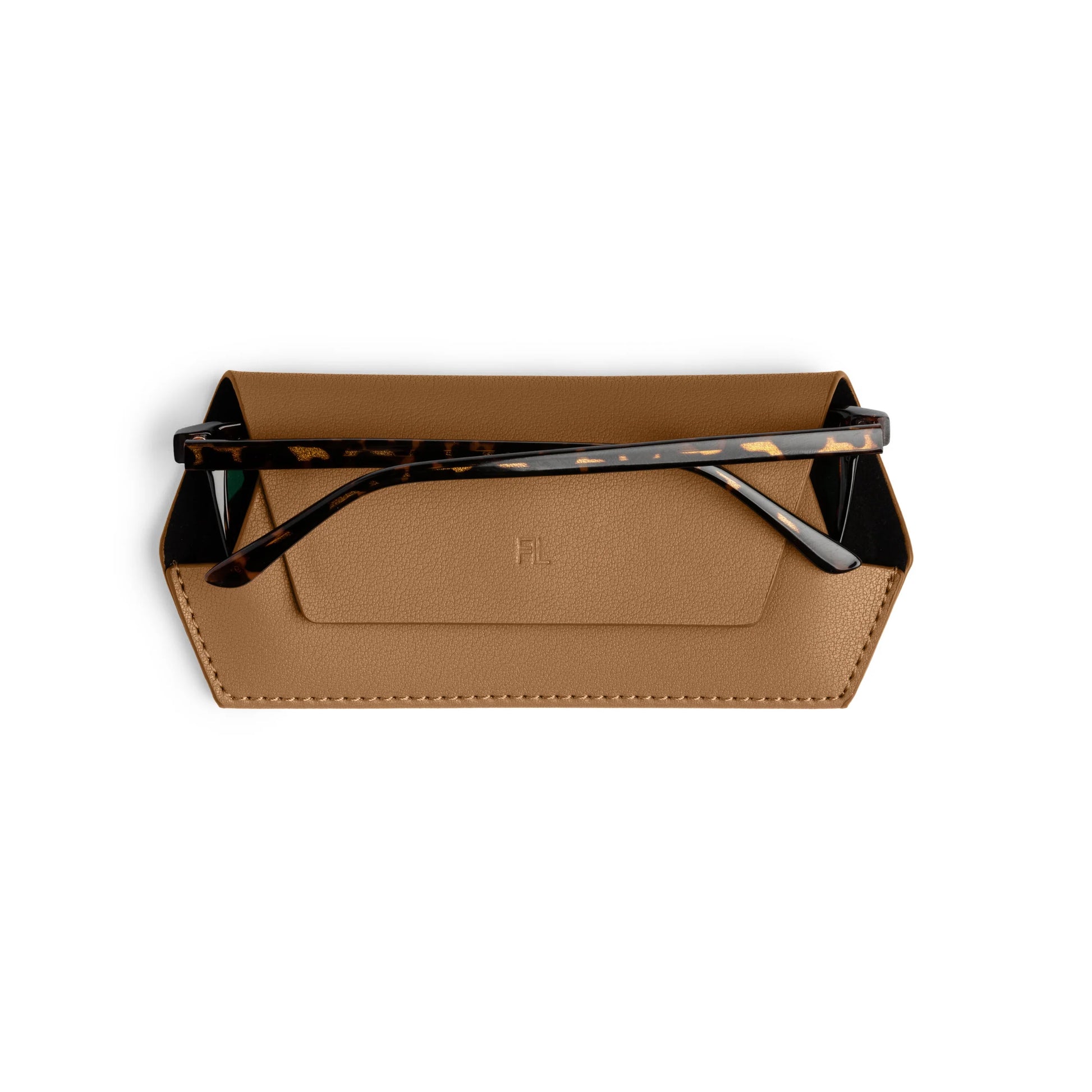 Stylish tan leather sunglasses case, compact and perfect for travel.