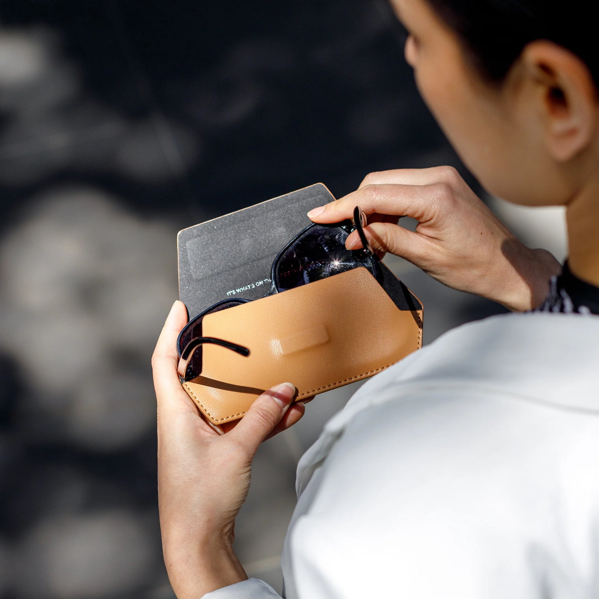 Hunted + Co. tan leather eyewear case, timeless accessory for your bag.