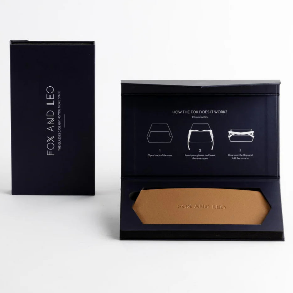 Designer tan leather glasses case by Fox & Leo, elegant and practical.