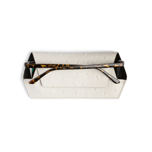 Ostrich print leather glasses case with textured finish, perfect for everyday use.