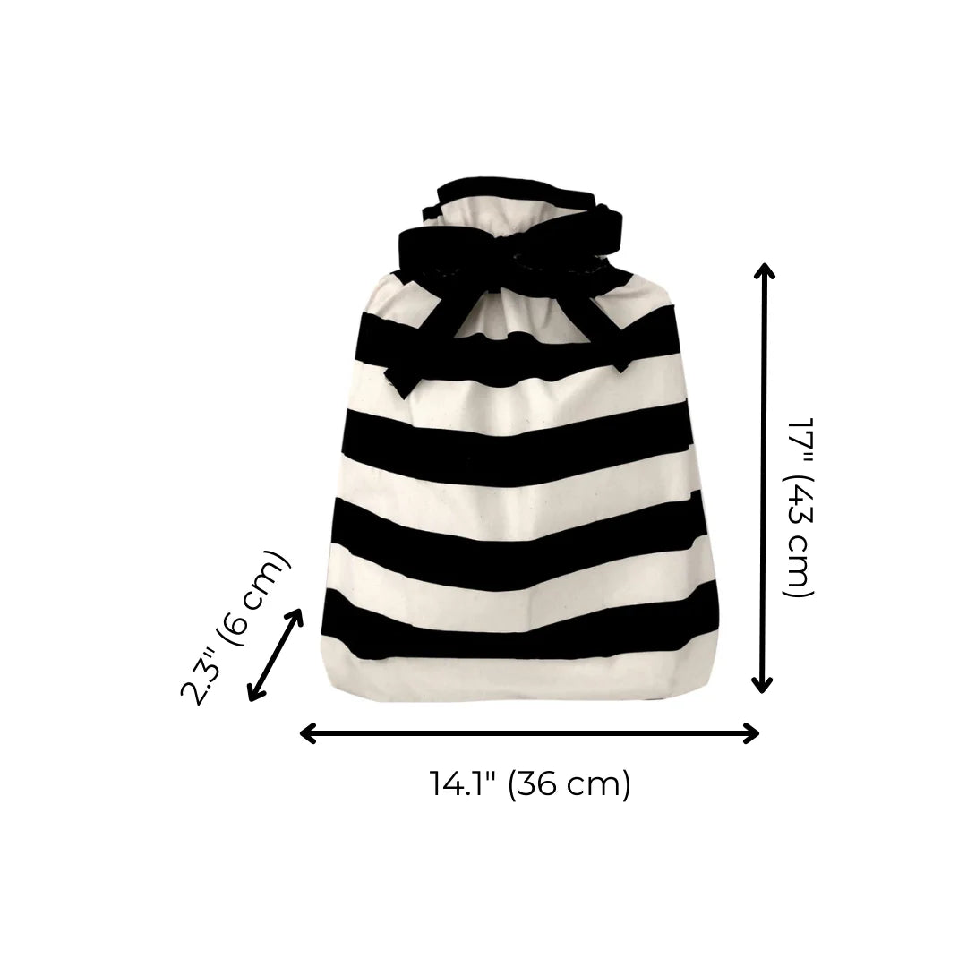 Eco-friendly cotton gift bag featuring bold black and white stripes showing measurements