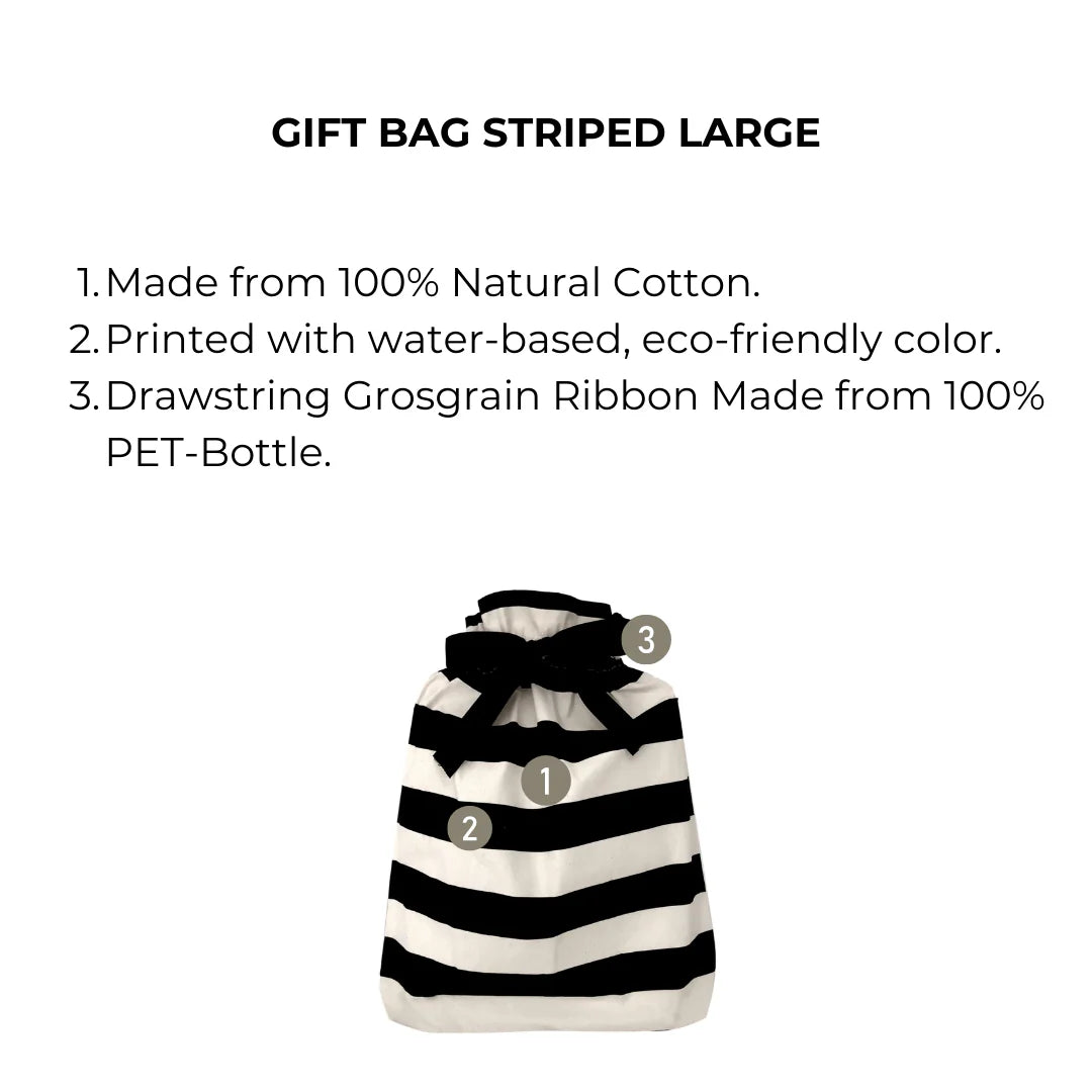 Large handprinted fabric gift bag in black and white stripes with list of features