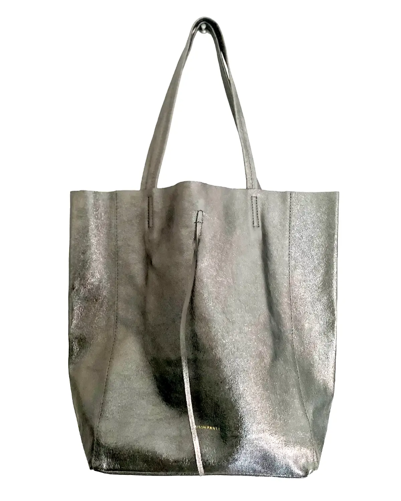 The Maison Fanli - Large Tote Metallic Grey on a white background. The gorgeous metallic leather looks and feels amazing.