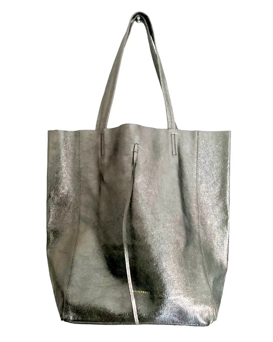 The Maison Fanli - Large Tote Metallic Grey on a white background. The gorgeous metallic leather looks and feels amazing.