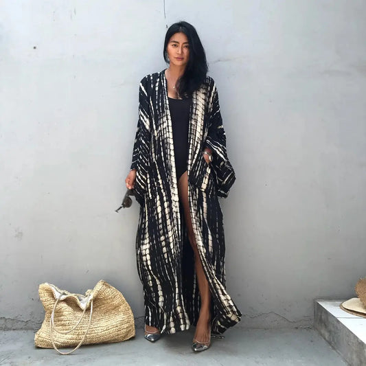 Stunning black and white Eco-friendly bamboo rayon kimono one-size-fits-all, soft breathable fabric.