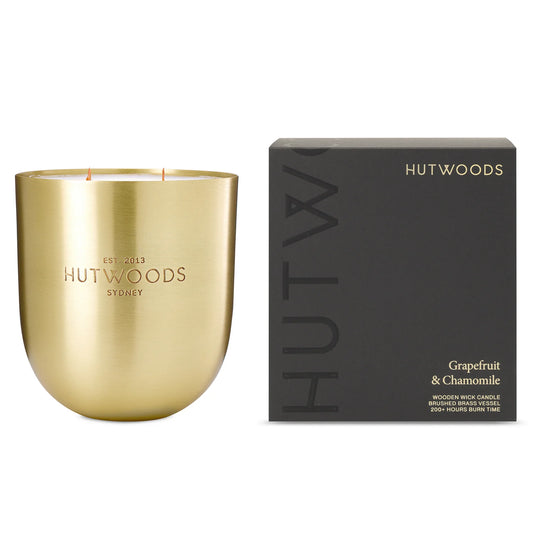 Unlit Hutwoods Cedar Leaf & Vanilla Bean Candle showcasing sleek packaging