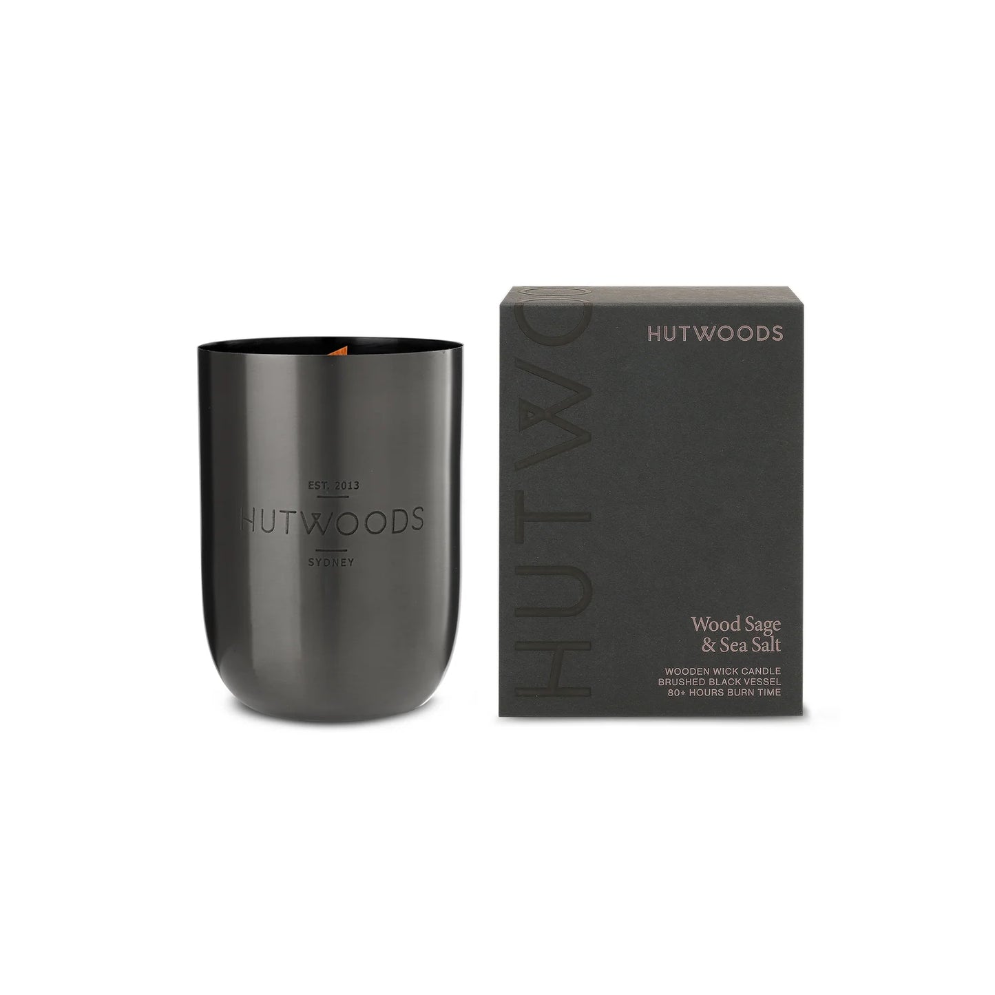 Hutwoods Wood Sage & Sea Salt Candle showcasing sleek packaging

