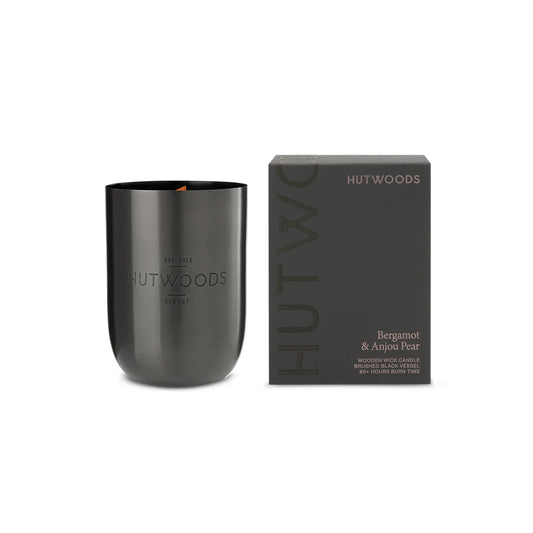 Unlit Hutwoods Bergamot & Anjou Pear Candle showcasing sleek packaging
