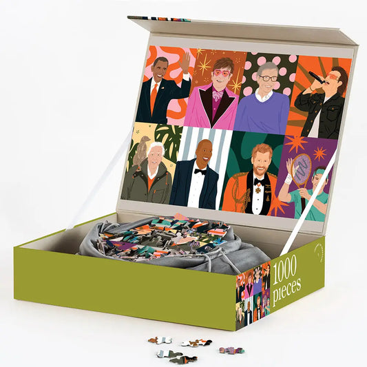 Eco-friendly 1000-piece puzzle designed in Australia showcasing colorful iconic personalities