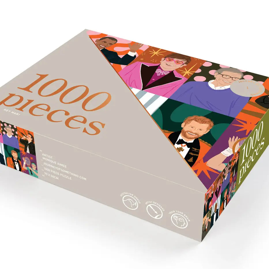 Hey Man 1000-piece puzzle box with vibrant illustrations of iconic male figures by Monique Aimee.
