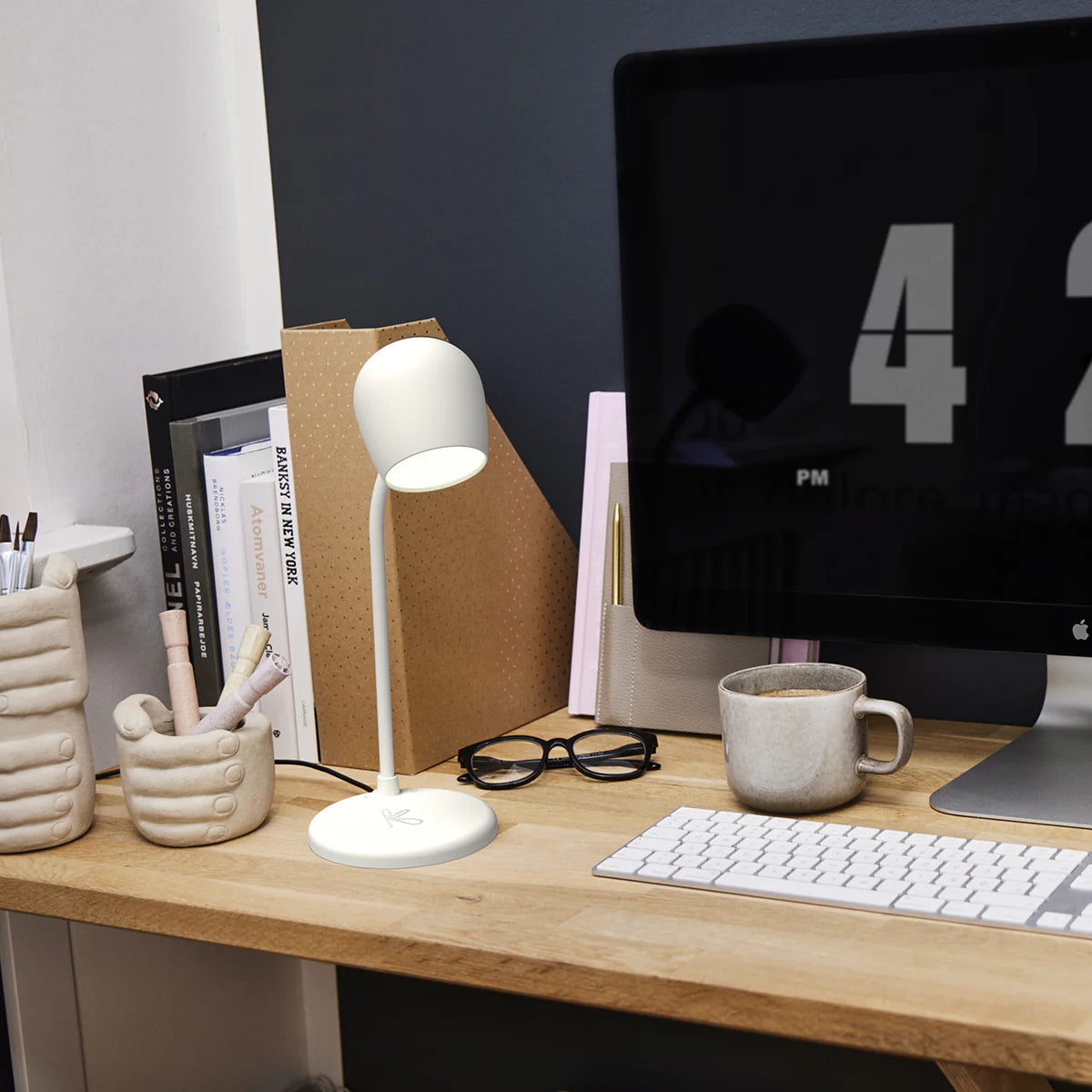 Modern desk setup featuring Kreafunk Ellie White Lamp and a cup of coffee... someone GET ME A COFFEE!!!