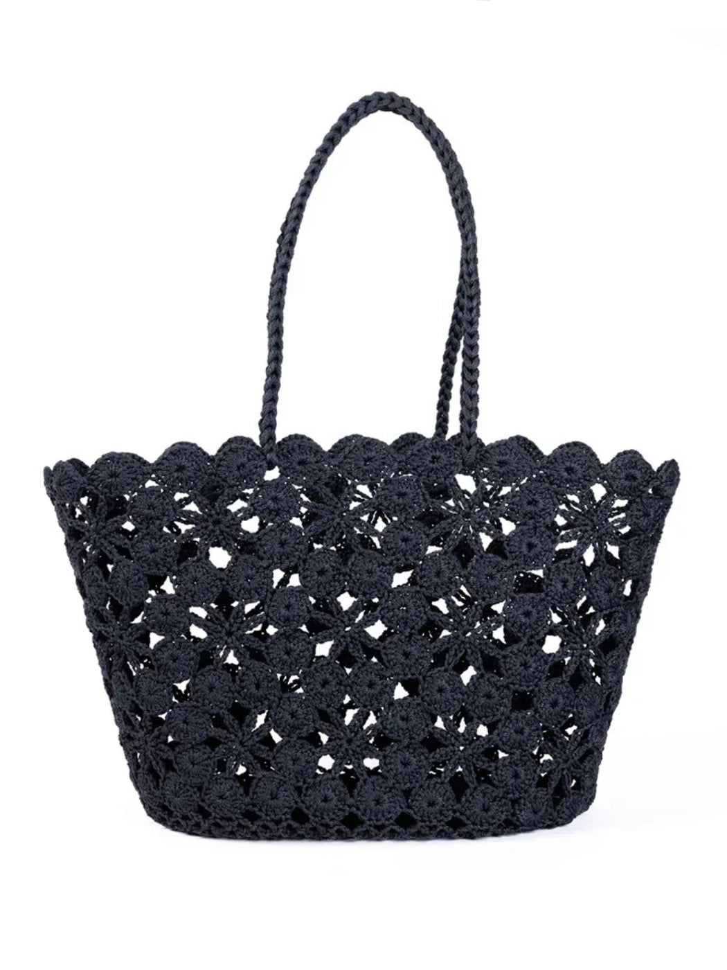 French-Style Black Floral Crochet Basket Beach Bag on a white background to showcase the crochet pattern. Tres chic!
