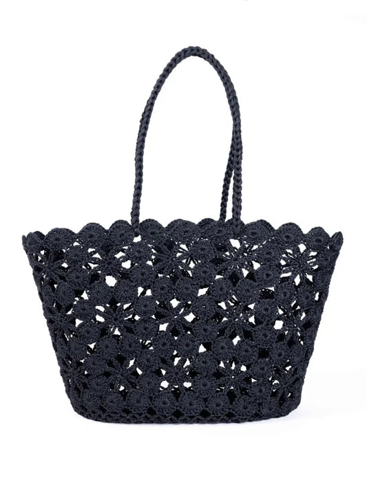 French-Style Black Floral Crochet Basket Beach Bag on a white background to showcase the crochet pattern. Tres chic!