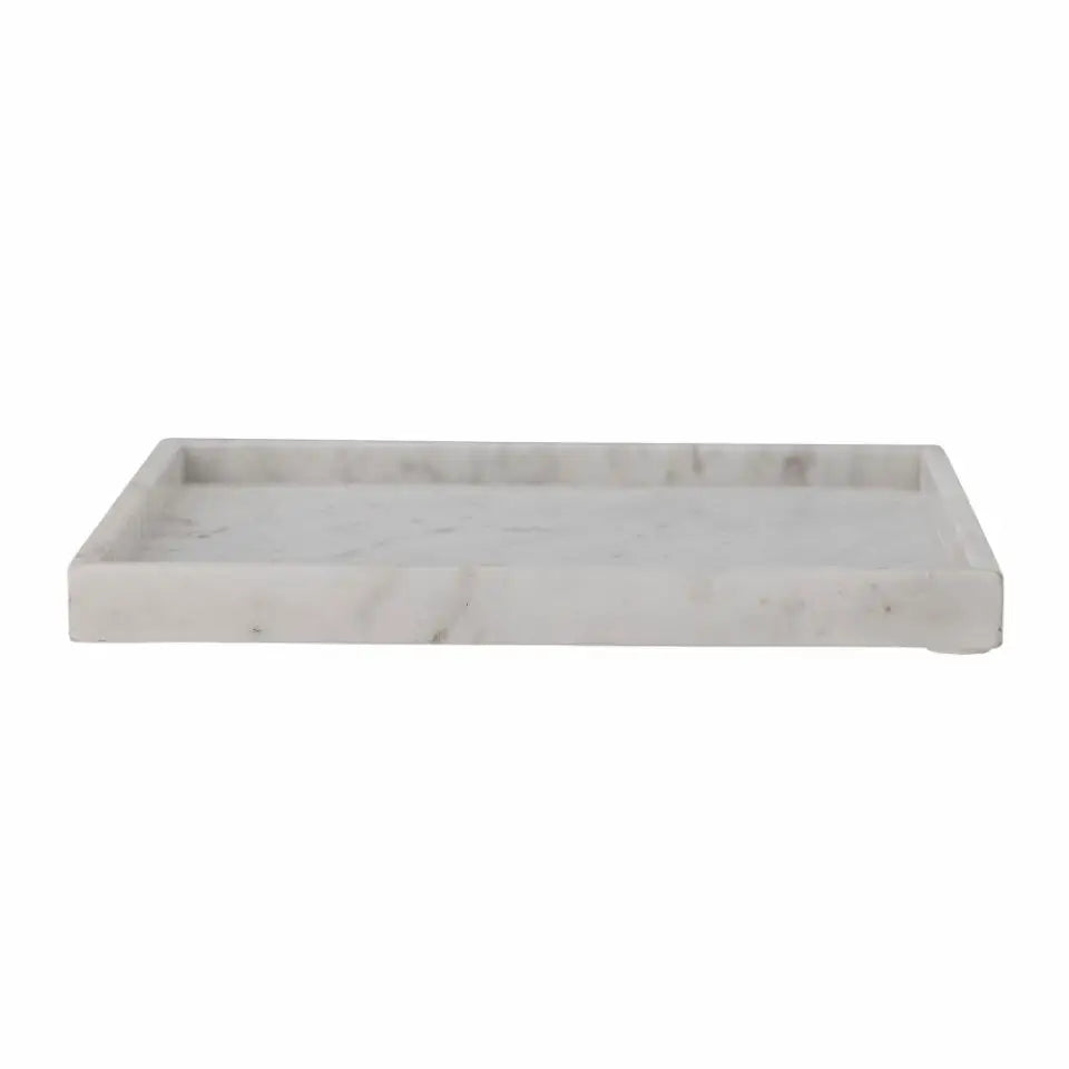 Side view of the Majsa natural white marble tray with polished surface and unique veining and low profile. Stunning.
