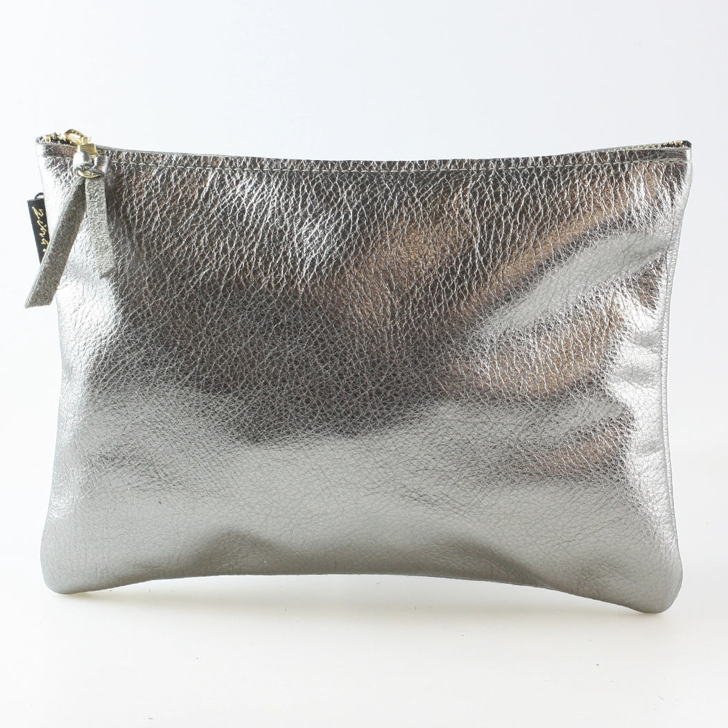 A metallic silver leather pouch with a gold-toned zipper.