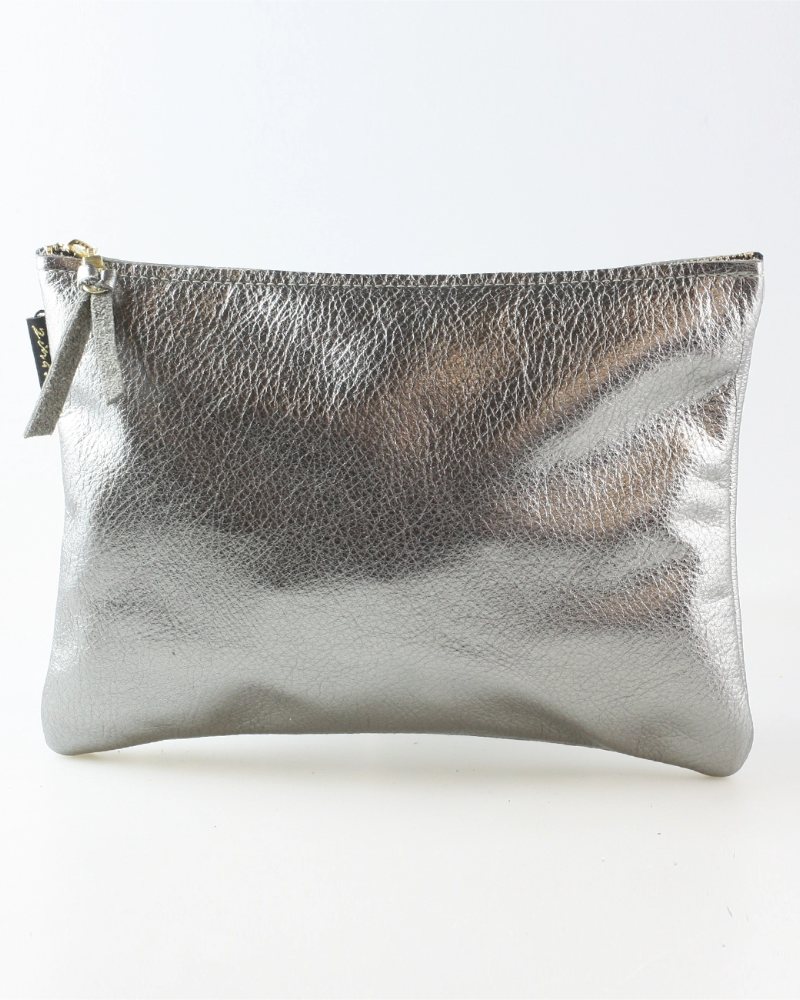 A metallic silver leather pouch with a gold-toned zipper.