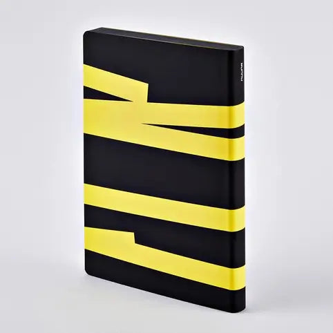 The back cover of the Nuuna Best Plan No Plan notebook with it's bold yellow stripe design that continues from the front to the back of the book.